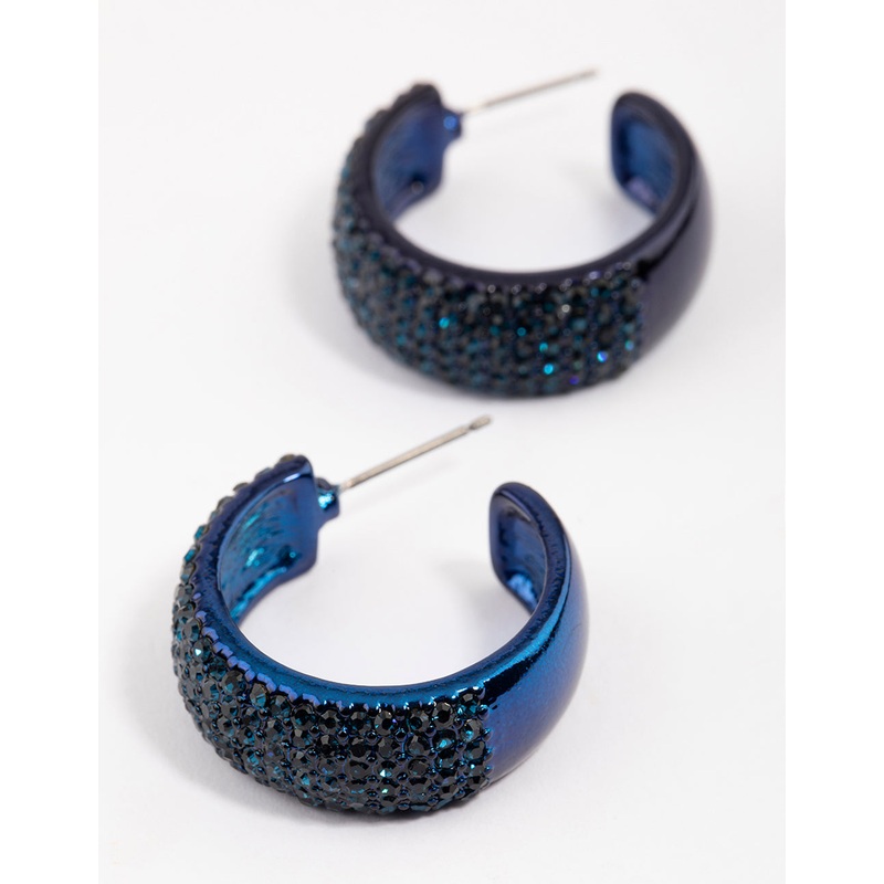 Navy Coated Pavement Midi Hoop Earrings