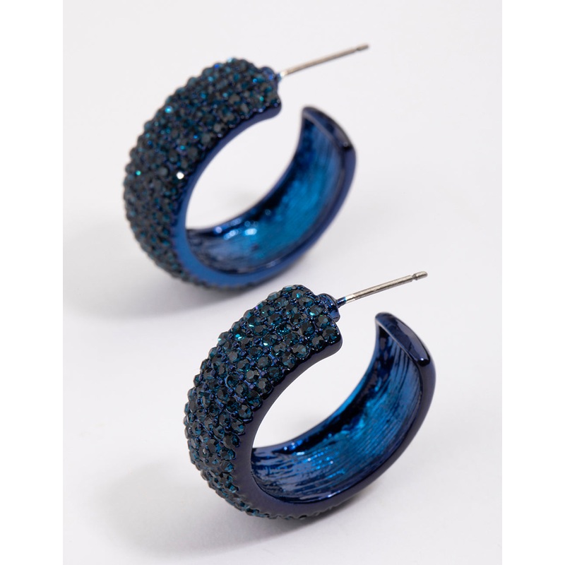 Navy Coated Pavement Midi Hoop Earrings