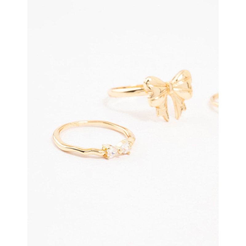 Gold Plated Bow Cubic Zirconia & Heart Rings 3-Pack