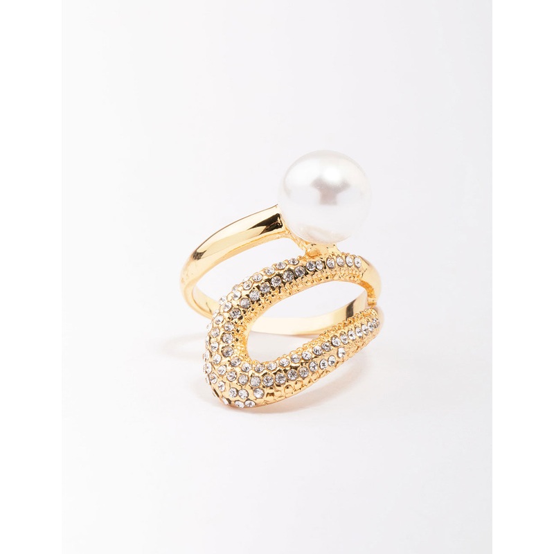 Gold Plated Pave Pearl Cocktail Ring
