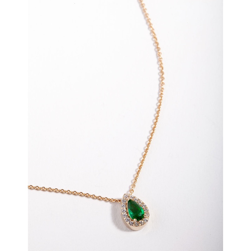 Gold Plated Sterling Silver Green Pear Halo Necklace