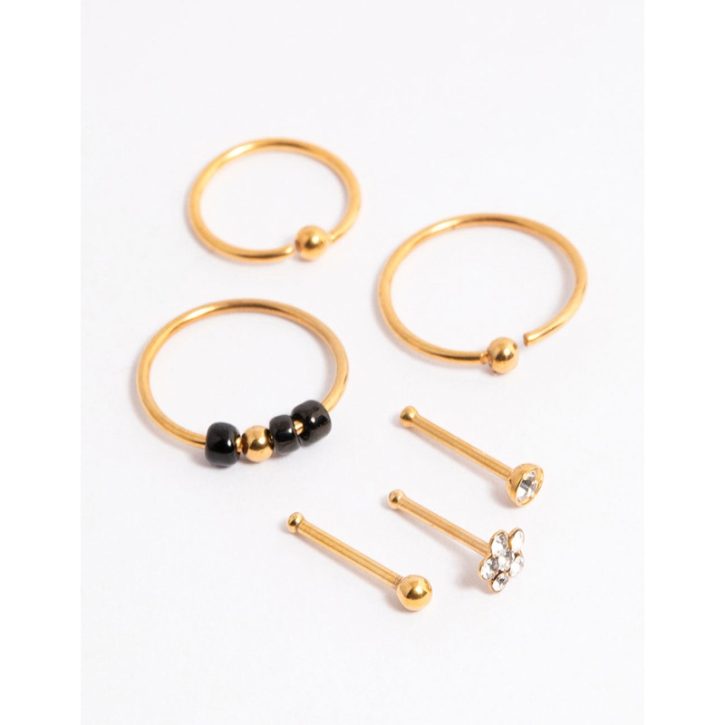 Gold Plated Surgical Steel Cubic Zirconia Flower Nose Stud 6-Pack