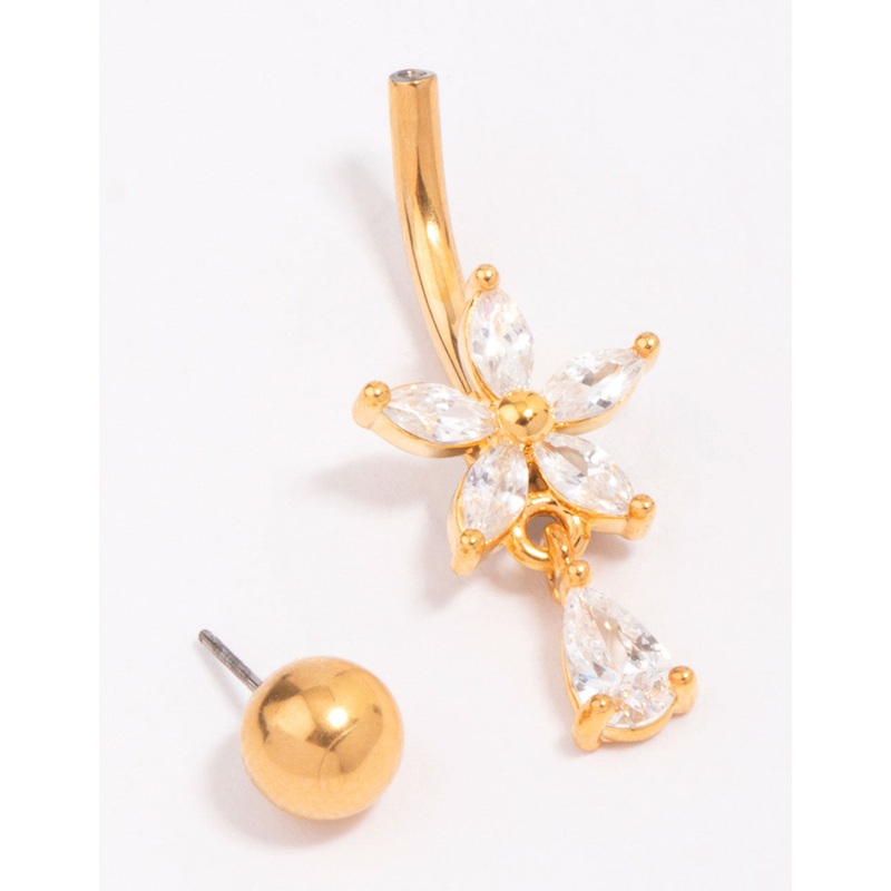 Gold Plated Titanium Cubic Zirconia Flower Pear Belly Piercing