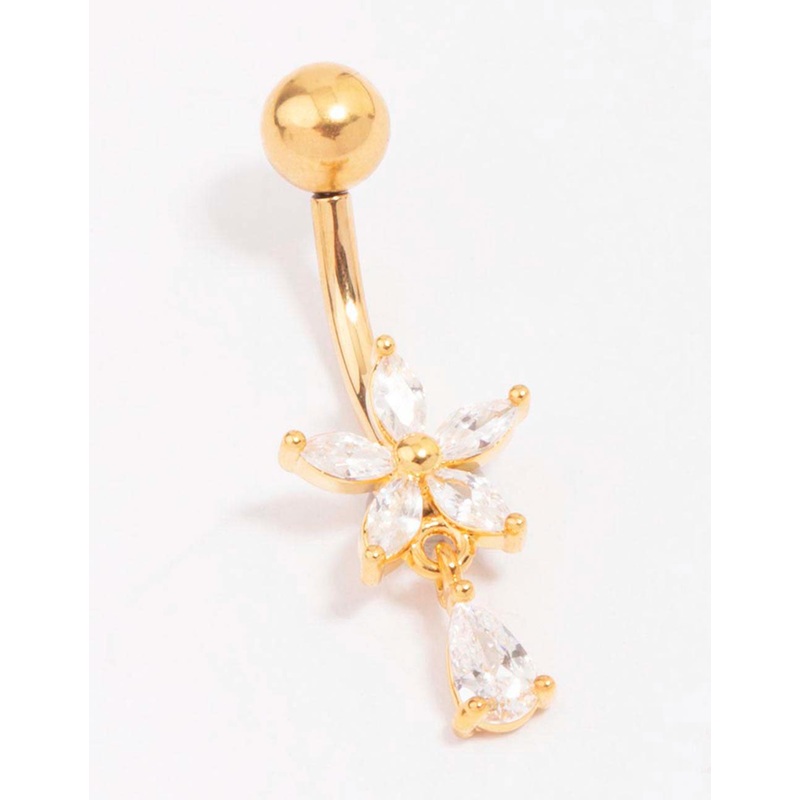 Gold Plated Titanium Cubic Zirconia Flower Pear Belly Piercing