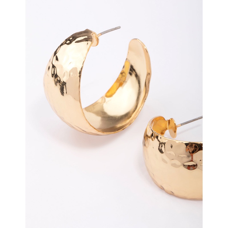 Gold Plated Wide Hammered Hoop Earrings