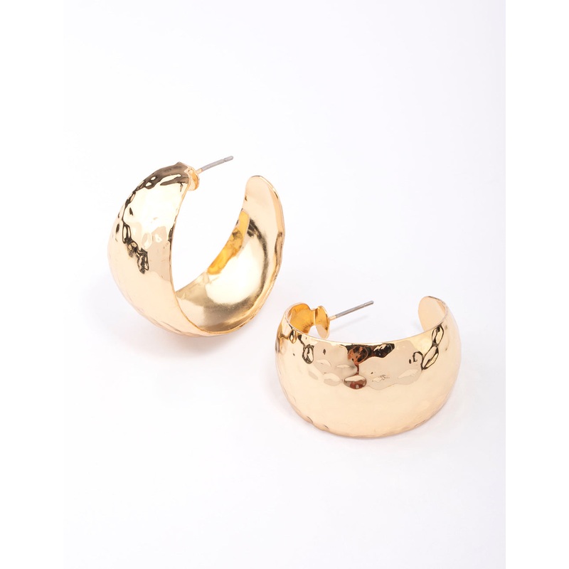 Gold Plated Wide Hammered Hoop Earrings
