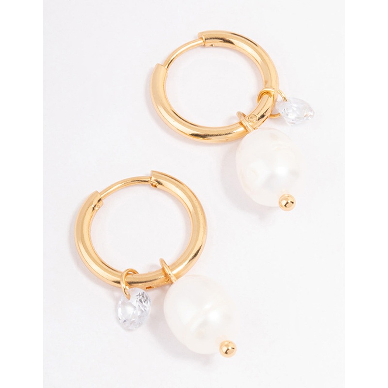 Waterproof Gold Plated Stainless Steel Classic Freshwater Pearl & Cubic Zirconia Huggie Earrings