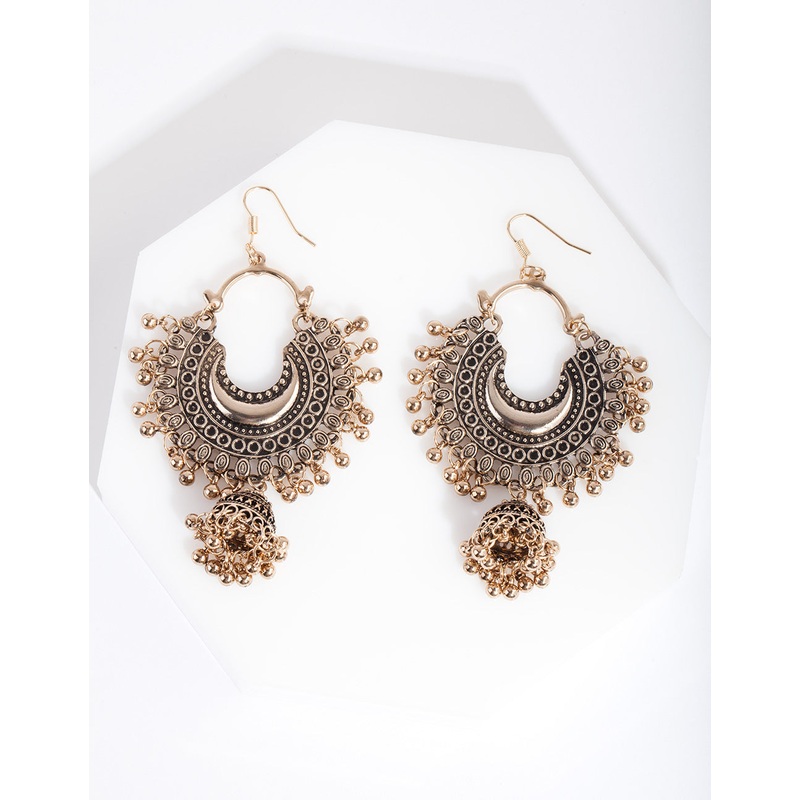 Antique Gold Bead Drop Jhumka Earrings