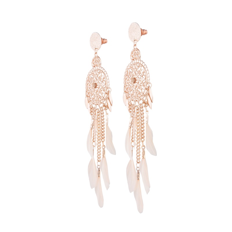 Rose Gold Pink Filigree Cascade Feather Earrings