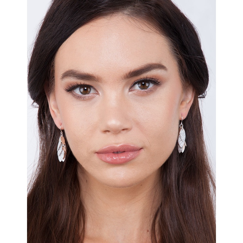 Silver Rose Gold Glitter Leaf Drop Earrings