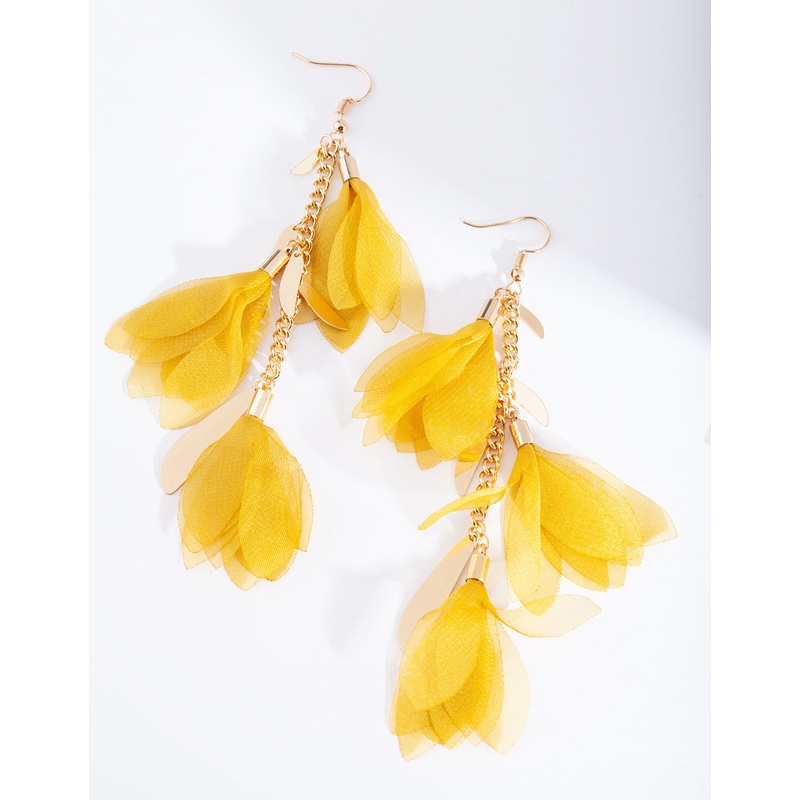 Yellow Fabric Flowers Gold Earrings