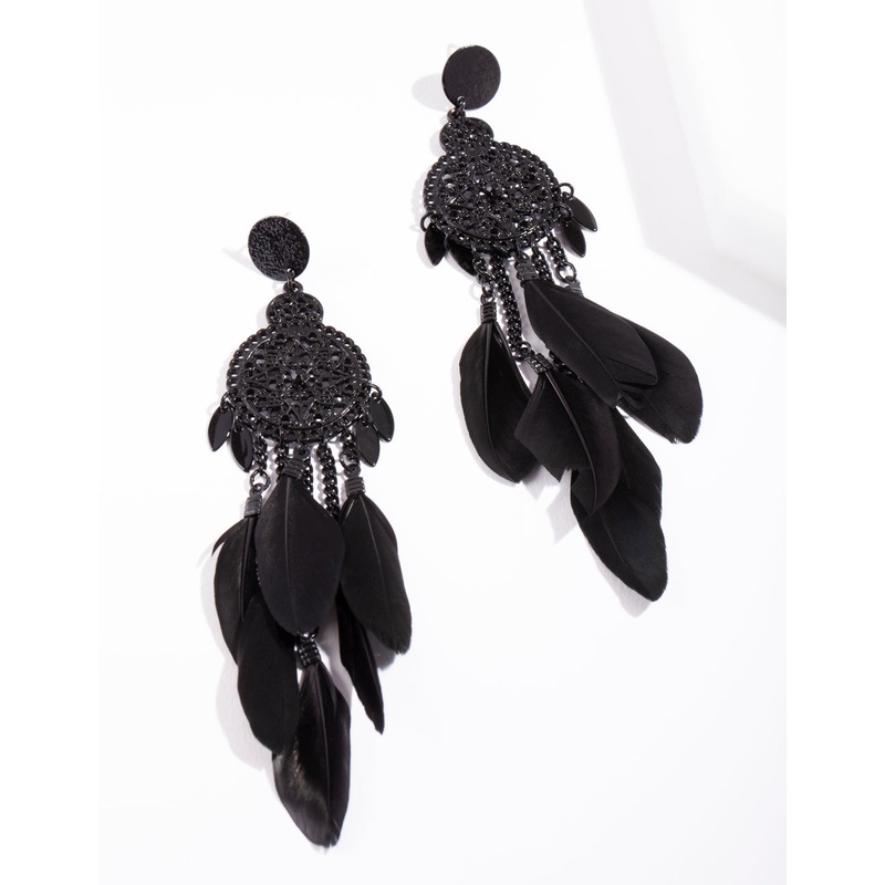 Black Filigree Cascading Feather Earrings