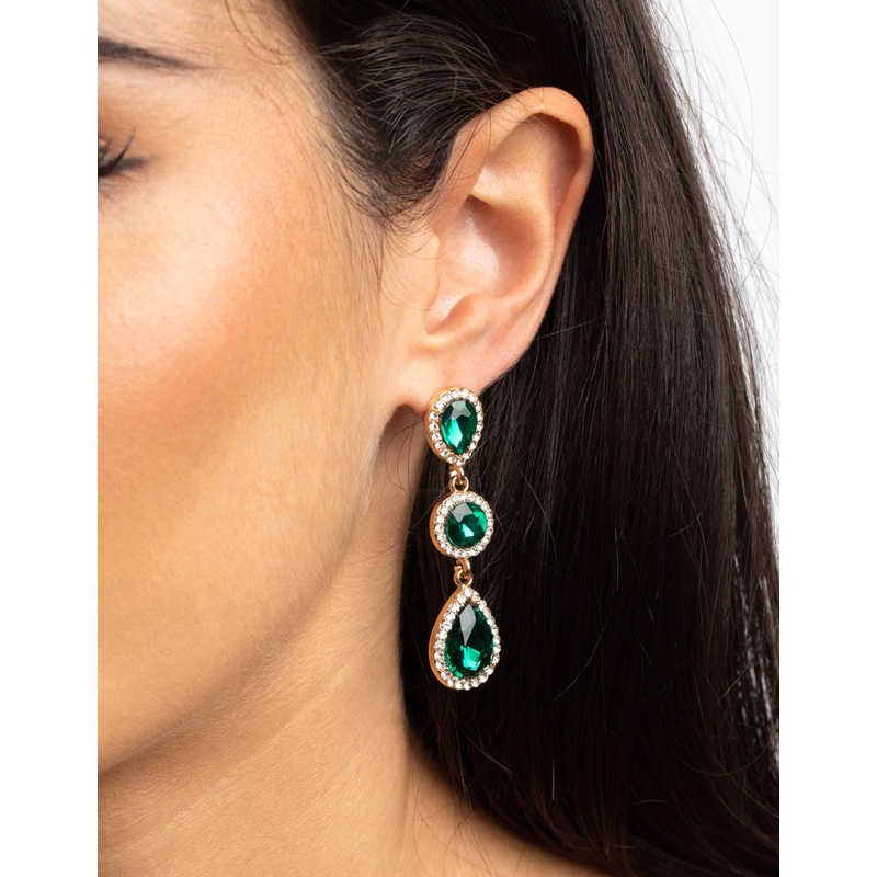 Green Diamante Circle & Teardrop Earrings