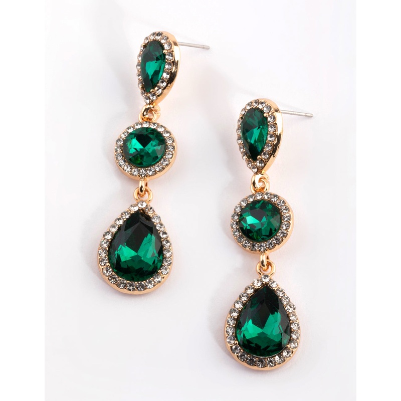 Green Diamante Circle & Teardrop Earrings