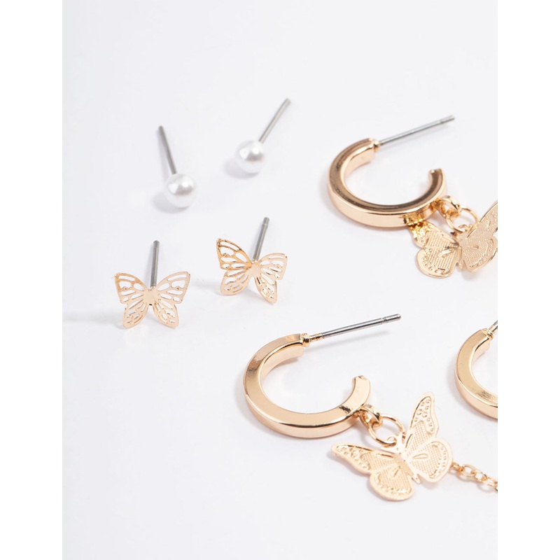Gold Butterfly Pearl Stacker Earrings 5-Pack