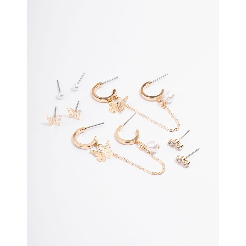 Gold Butterfly Pearl Stacker Earrings 5-Pack