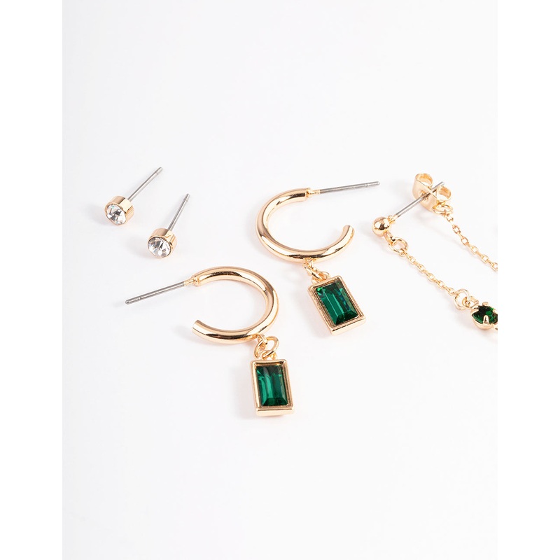 Green Diamante Baguette Earrings 4-Pack