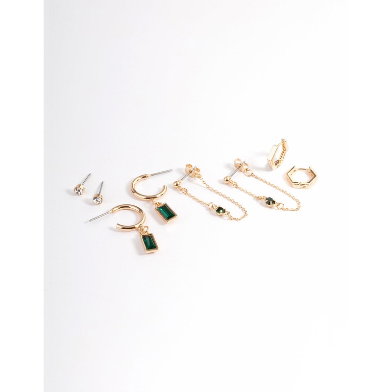 Green Diamante Baguette Earrings 4-Pack