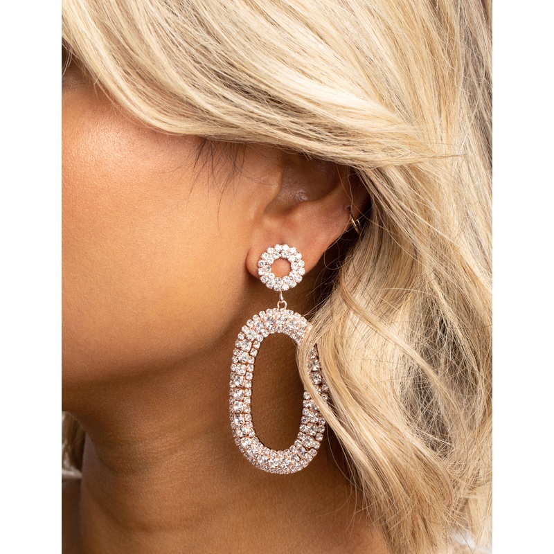 Rose Gold Diamante Oval Drop Earrings