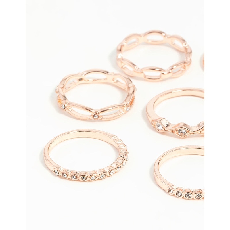 Rose Gold Diamante Row Mix Ring 8-Pack