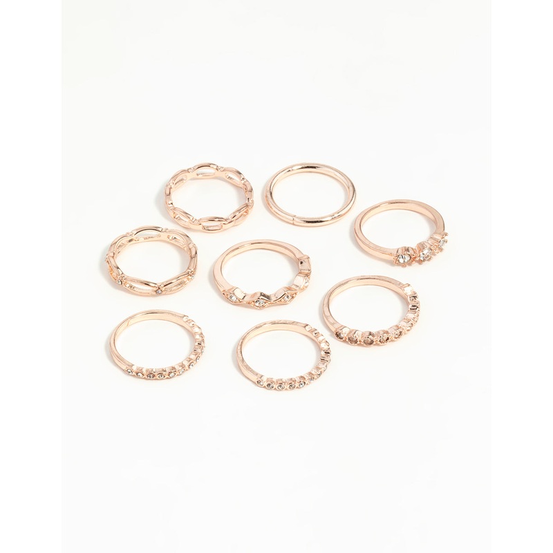 Rose Gold Diamante Row Mix Ring 8-Pack