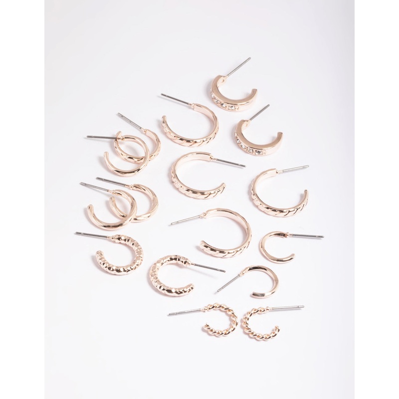 Rose Gold Mixed Diamante Hoop Earrings 8-Pack