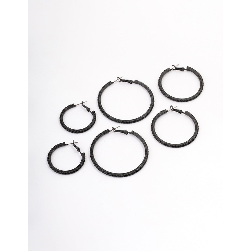 Coated Black Mixed Size Diamante Hoop Earrings