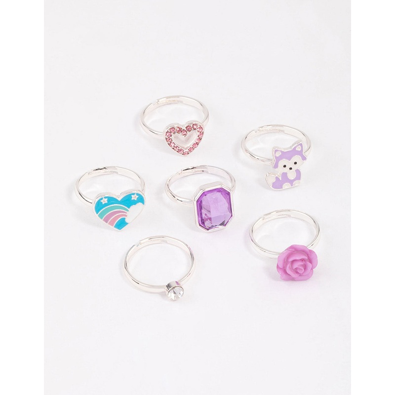 Kids Silver Diamante Rose Ring 6-Pack