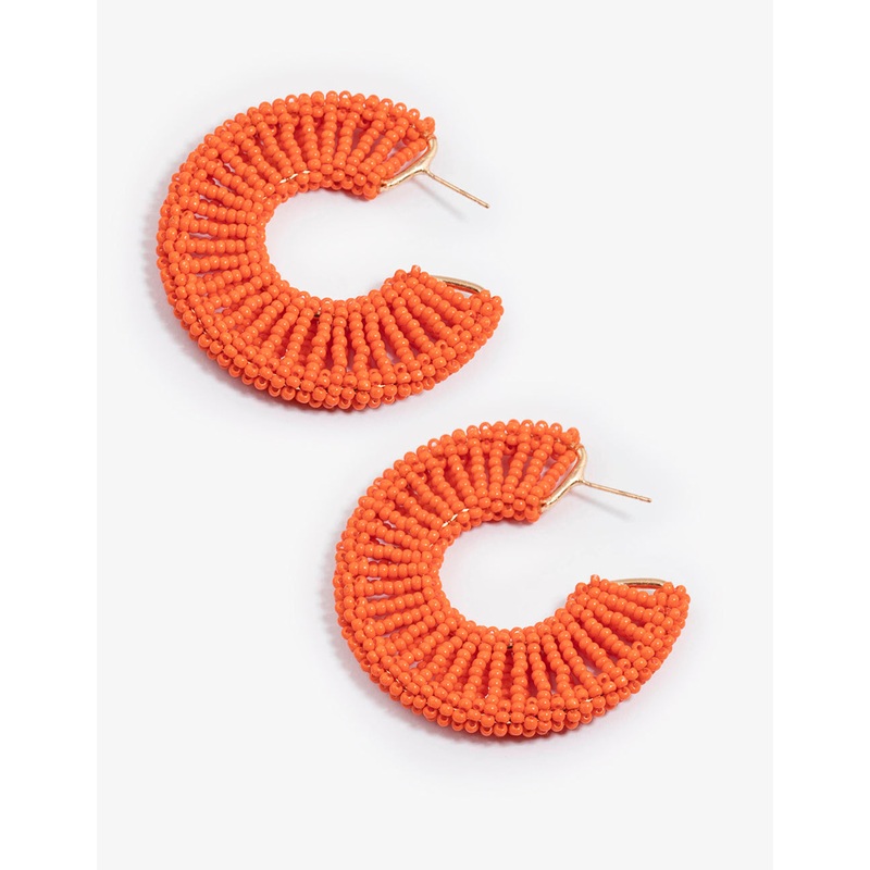 Orange Raffia Flat Statement Hoop Earrings