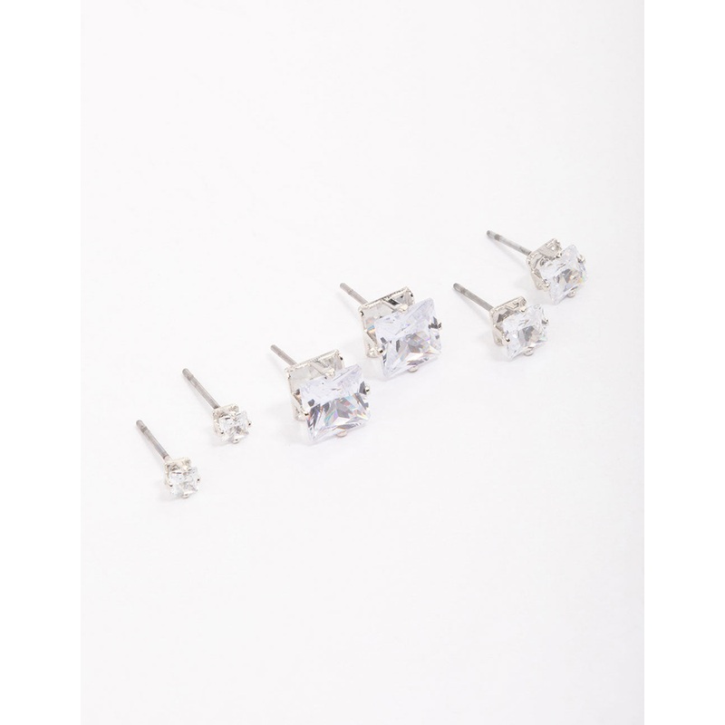Silver Cubic Zirconia Square Graduated Earrings Pack