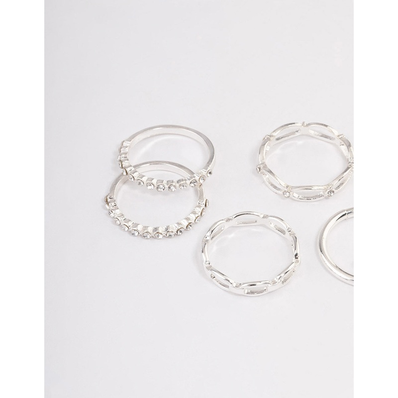 Silver Diamante Row Mix Ring 8-Pack