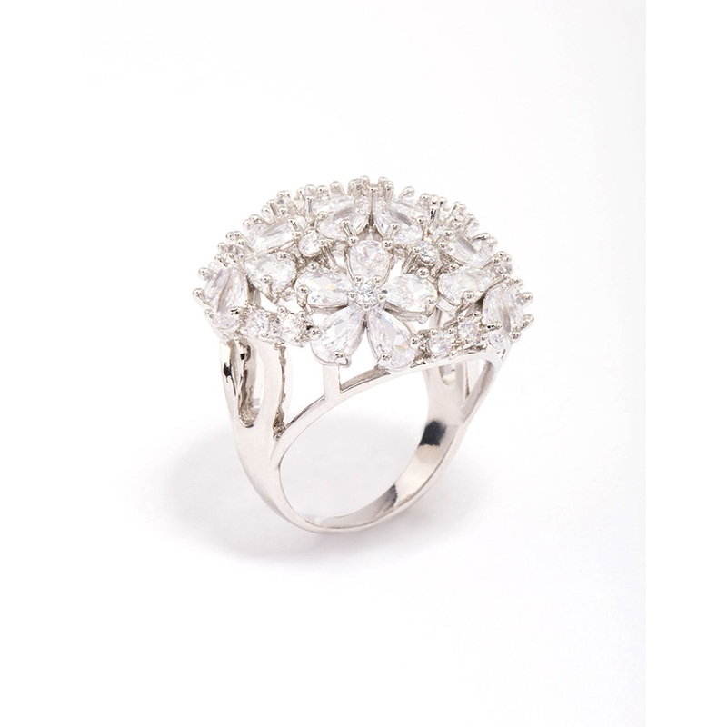 Silver Flower Dome Cocktail Ring