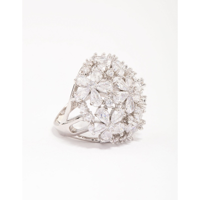 Silver Flower Dome Cocktail Ring