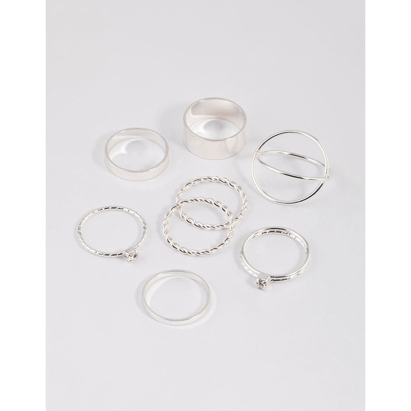 Silver Thick & Diamante Ring 8-Pack