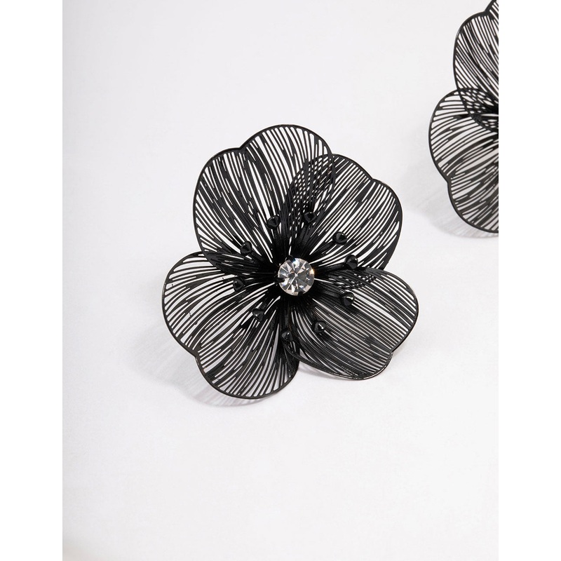 Black Diamante Flower Stud Earrings