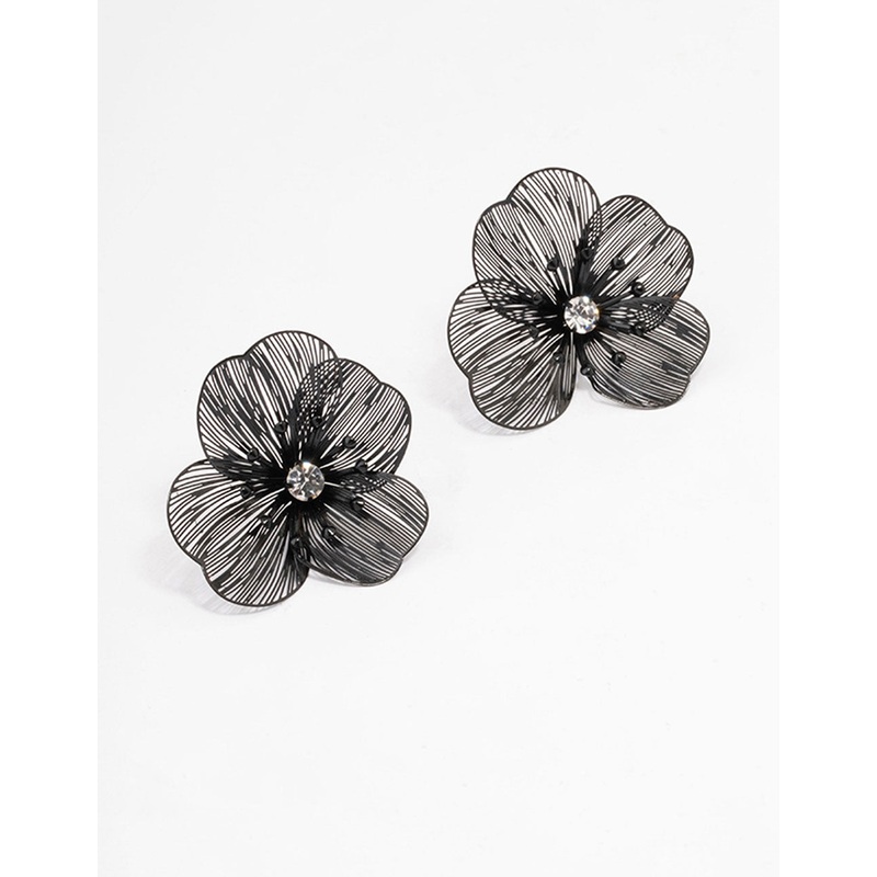 Black Diamante Flower Stud Earrings