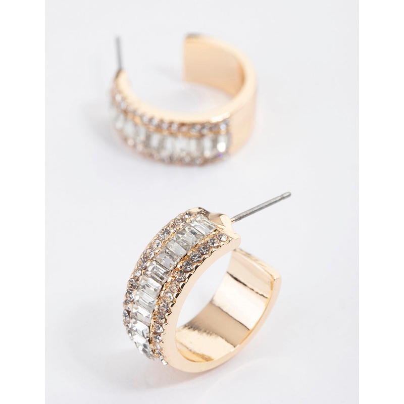 Gold Baguette Diamante Small Hoop Earrings