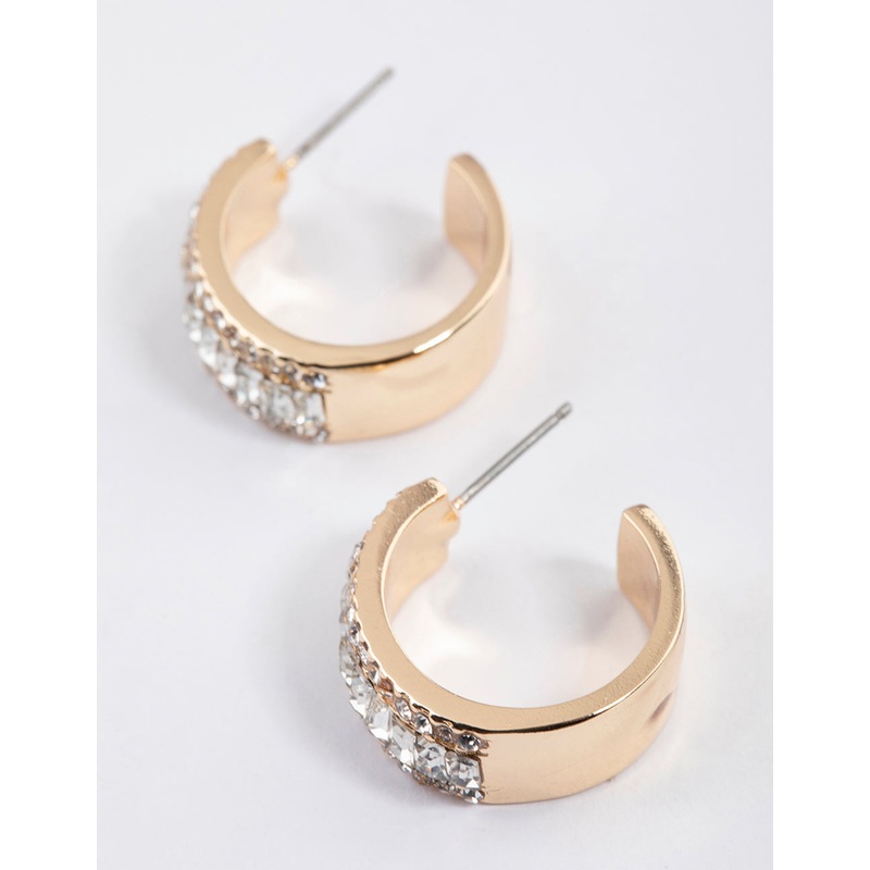 Gold Baguette Diamante Small Hoop Earrings