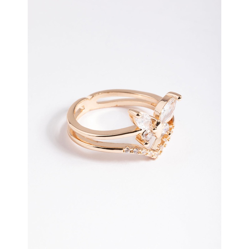 Gold Cubic Zirconia Butterfly Double Band Ring