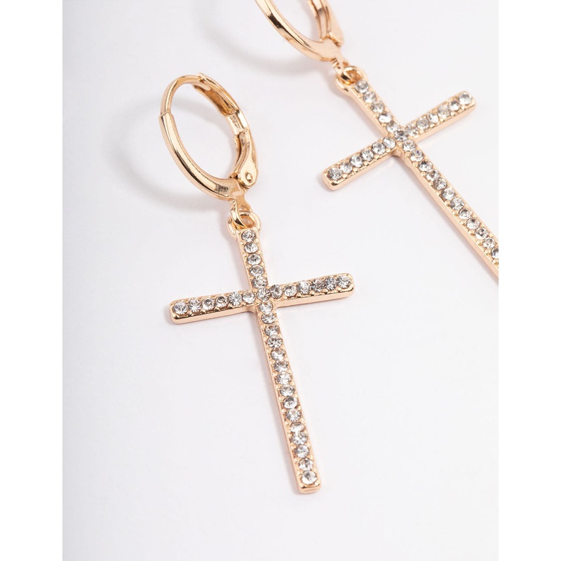 Gold Diamante Cross Huggie Earrings