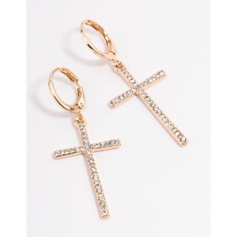 Gold Diamante Cross Huggie Earrings