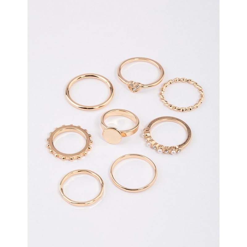 Gold Disc & Diamante Heart Ring 8-Pack