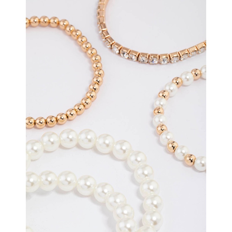 Gold Mixed Diamante Pearl Stretch Bracelet Pack