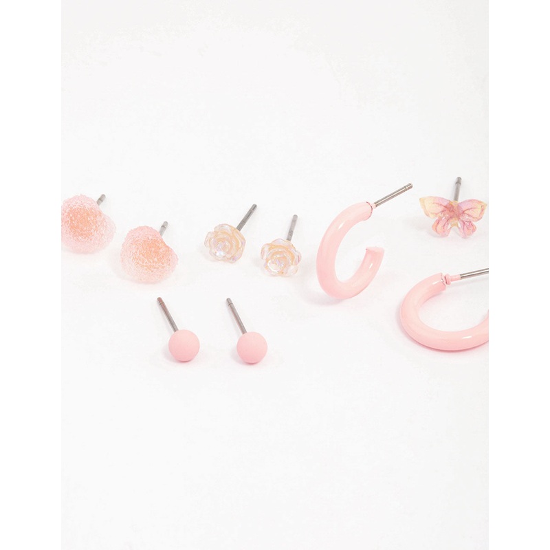 Pink Heart Flower & Butterfly Earrings 8-Pack