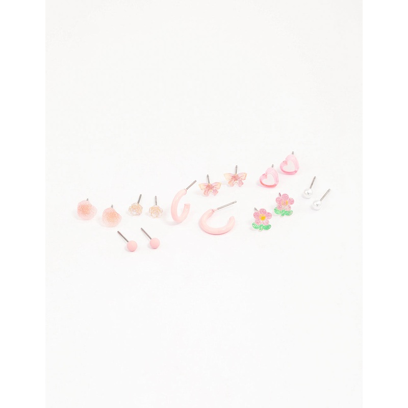 Pink Heart Flower & Butterfly Earrings 8-Pack
