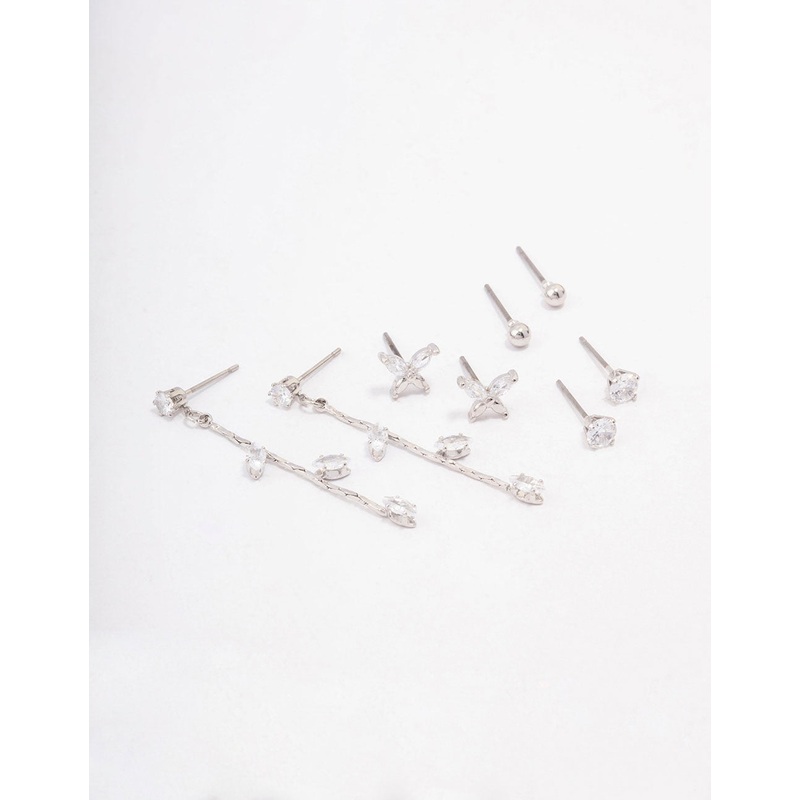 Silver Cubic Zirconia Butterfly & Petal Earring 4-Pack