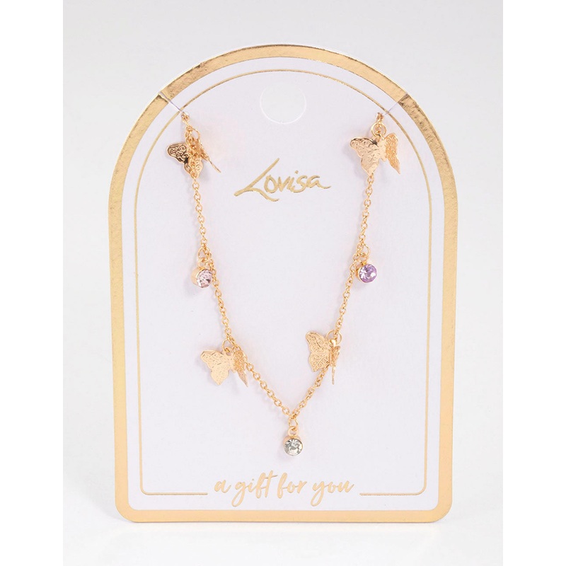 Gold Butterfly Drop Station Necklace