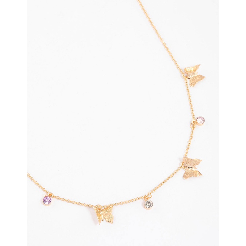 Gold Butterfly Drop Station Necklace