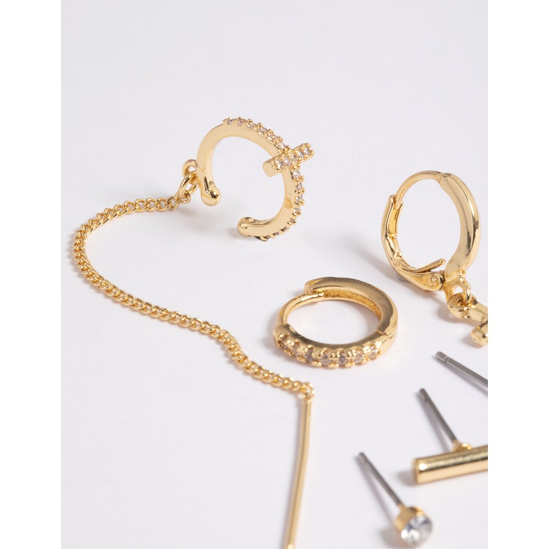 Gold Plated Brass Chain Cross Earring Stack 8-Pack