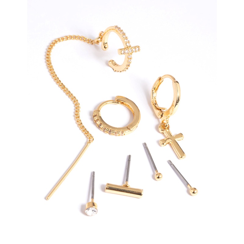 Gold Plated Brass Chain Cross Earring Stack 8-Pack